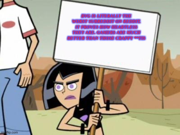 For The Love Of Games, I Say We Shall Kill th************y! | BVG IS LITERALLY THE WORST SUBREDDIT ON REDDIT. IT PROVES HOW HEARTLESS THEY ARE. GAMERS ARE MUCH BETTER THAN THOSE CRAPPY **TIS | image tagged in sam's protest template danny phantom | made w/ Imgflip meme maker