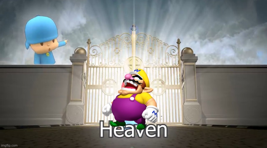 Wario gets sent out of heaven by Pocoyo and dies.mp3 | image tagged in pocoyo,heaven,wario,wario dies,die right away | made w/ Imgflip meme maker