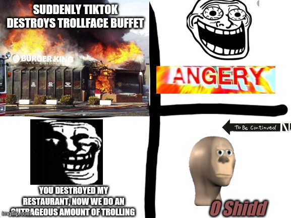 S2P5: The anger. | SUDDENLY TIKTOK DESTROYS TROLLFACE BUFFET; YOU DESTROYED MY RESTAURANT, NOW WE DO AN OUTRAGEOUS AMOUNT OF TROLLING; O Shidd | made w/ Imgflip meme maker