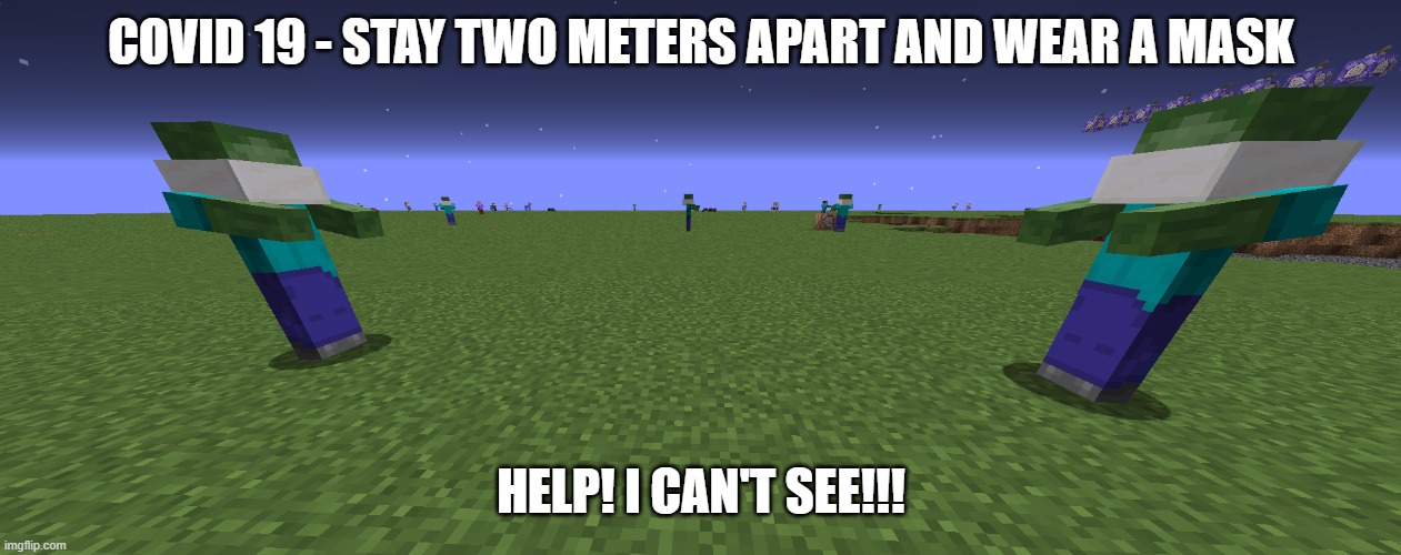 Covid-19 Zombies Minecraft | COVID 19 - STAY TWO METERS APART AND WEAR A MASK; HELP! I CAN'T SEE!!! | image tagged in minecraft,zombie,zombies,covid19,covid-19,minecraft zombie | made w/ Imgflip meme maker