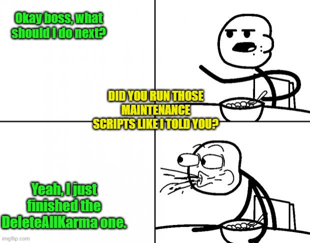Blank Cereal Guy | Okay boss, what should I do next? DID YOU RUN THOSE MAINTENANCE SCRIPTS LIKE I TOLD YOU? Yeah, I just finished the DeleteAllKarma one. | image tagged in blank cereal guy,memes | made w/ Imgflip meme maker