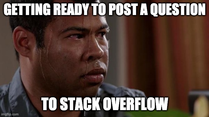 sweating bullets | GETTING READY TO POST A QUESTION; TO STACK OVERFLOW | image tagged in stackoverflow,stack,overflow,post,question,developer | made w/ Imgflip meme maker