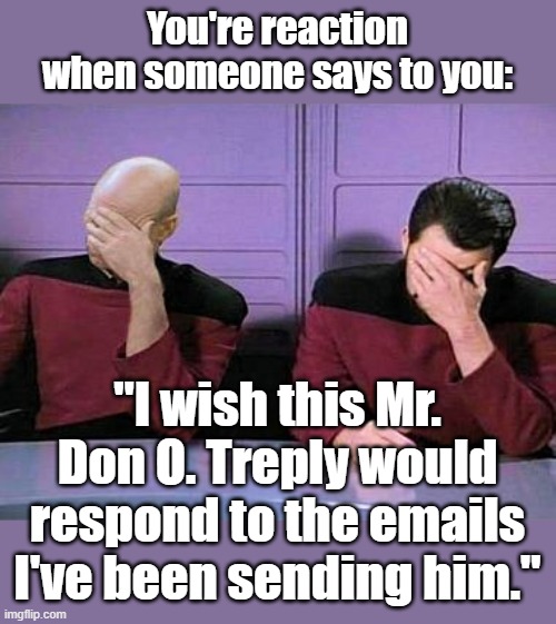 He just won't respond! | You're reaction when someone says to you:; "I wish this Mr.
Don O. Treply would respond to the emails I've been sending him." | image tagged in double palm,emails,email server | made w/ Imgflip meme maker