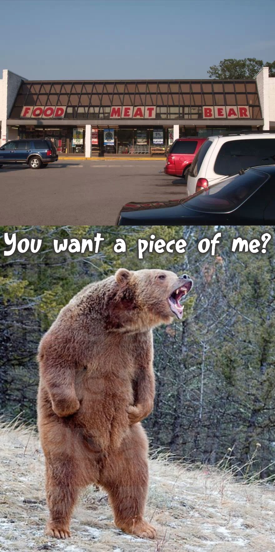 I think they might mean beer? | You want a piece of me? | image tagged in angry bear,grocery store,shopping,piece of me | made w/ Imgflip meme maker