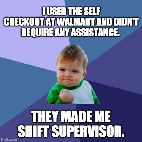 Walmart | I USED THE SELF CHECKOUT AT WALMART AND DIDN'T REQUIRE ANY ASSISTANCE. THEY MADE ME SHIFT SUPERVISOR. | image tagged in memes,success kid | made w/ Imgflip meme maker
