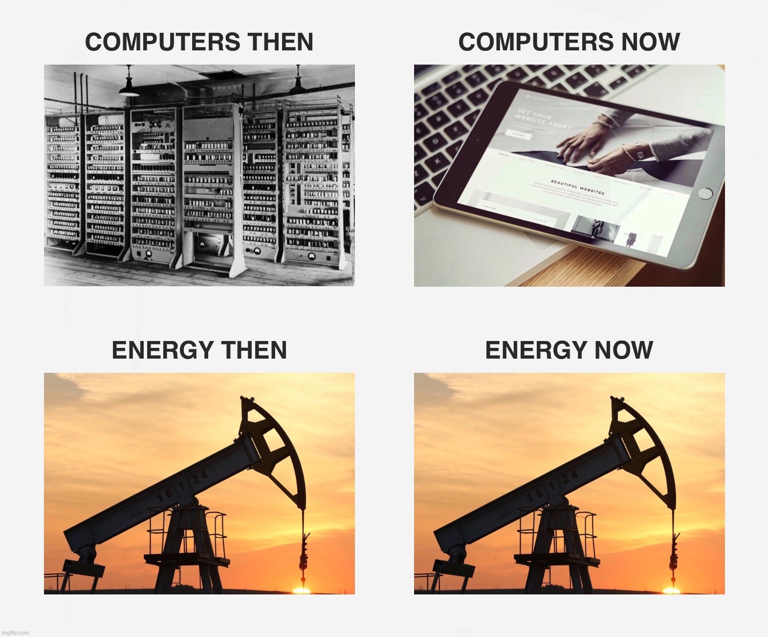 Progress in a nutshell | COMPUTERS THEN; COMPUTERS NOW; ENERGY THEN; ENERGY NOW | image tagged in progress,in a nutshell,technology,industrialization,you had one job,memes | made w/ Imgflip meme maker