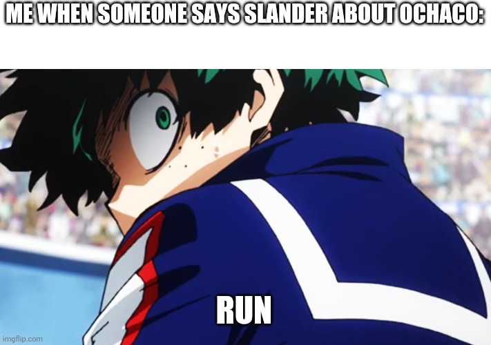 Not simping, just saying thats what izuocha ppl would do | ME WHEN SOMEONE SAYS SLANDER ABOUT OCHACO:; RUN | image tagged in deku what you say | made w/ Imgflip meme maker
