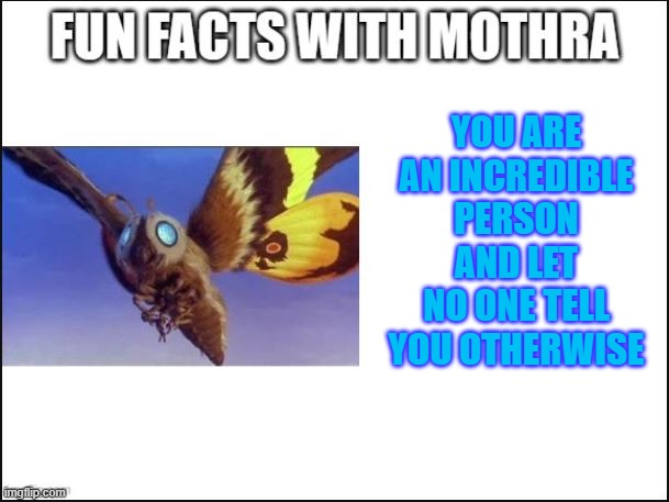 it's true | YOU ARE AN INCREDIBLE PERSON AND LET NO ONE TELL YOU OTHERWISE | image tagged in fun facts with mothra | made w/ Imgflip meme maker