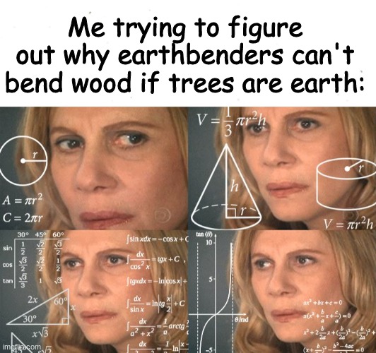 Sandbenders, metalbenders, where are the wood benders??? | Me trying to figure out why earthbenders can't bend wood if trees are earth: | image tagged in calculating meme,atla | made w/ Imgflip meme maker