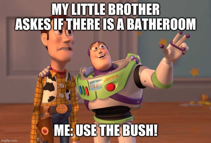 FUN TIMES WITH LIL BRO | MY LITTLE BROTHER ASKES IF THERE IS A BATHEROOM; ME: USE THE BUSH! | image tagged in memes,x x everywhere | made w/ Imgflip meme maker