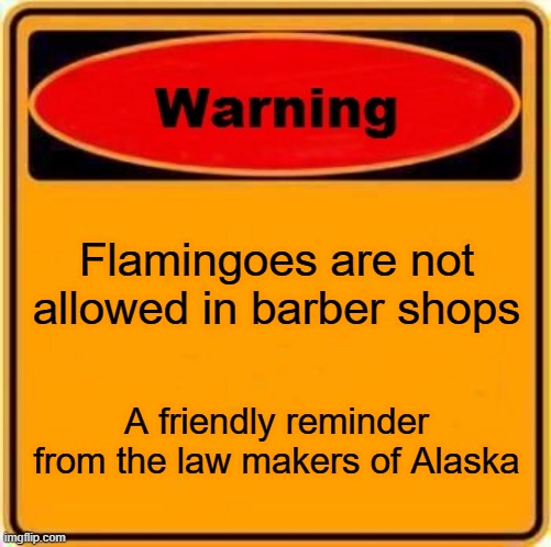 stupid laws | Flamingoes are not allowed in barber shops; A friendly reminder from the law makers of Alaska | image tagged in memes,warning sign | made w/ Imgflip meme maker