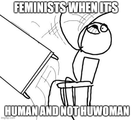 Table Flip Guy | FEMINISTS WHEN IT'S; HUMAN AND NOT HUWOMAN | image tagged in memes,table flip guy | made w/ Imgflip meme maker