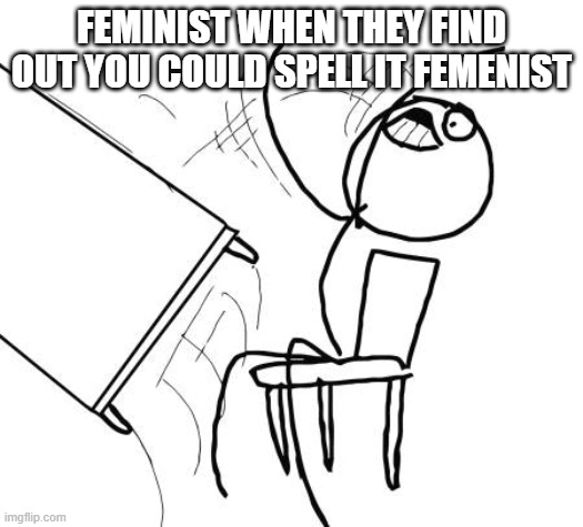 HAHA FEMINST GO BRRR | FEMINIST WHEN THEY FIND OUT YOU COULD SPELL IT FEMENIST | image tagged in memes,table flip guy | made w/ Imgflip meme maker