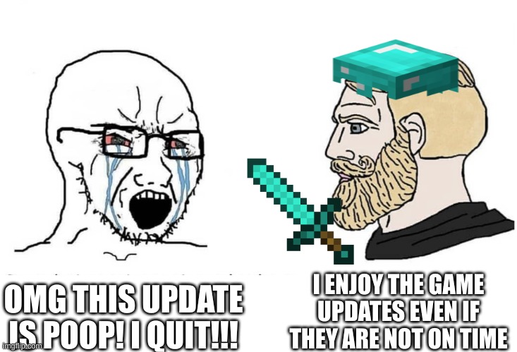 Soyboy Vs Yes Chad | I ENJOY THE GAME UPDATES EVEN IF THEY ARE NOT ON TIME; OMG THIS UPDATE IS POOP! I QUIT!!! | image tagged in soyboy vs yes chad | made w/ Imgflip meme maker