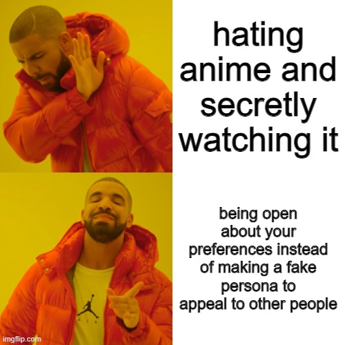 hating anime and secretly watching it being open about your preferences instead of making a fake persona to appeal to other people | image tagged in memes,drake hotline bling | made w/ Imgflip meme maker