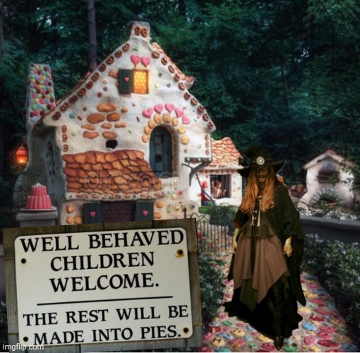 If the Gingerbread witch could put just one sign in her garden: | image tagged in gingerbread hag,halloween,hansel and gretel,witch,stupid signs,oh no cat | made w/ Imgflip meme maker
