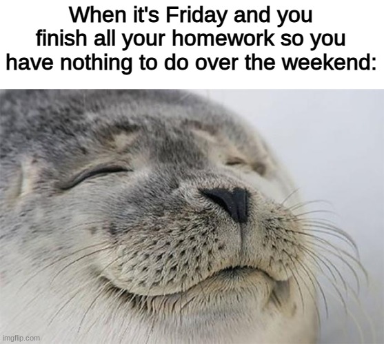 relatable | When it's Friday and you finish all your homework so you have nothing to do over the weekend: | image tagged in satisfied seal,dank memes,school | made w/ Imgflip meme maker