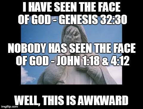 I have seen the face of god | I HAVE SEEN THE FACE OF GOD - GENESIS 32:30 WELL, THIS IS AWKWARD NOBODY HAS SEEN THE FACE OF GOD - JOHN 1:18 & 4:12 | image tagged in jesus,facepalm,god,religion | made w/ Imgflip meme maker