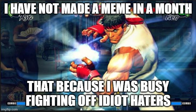 Street Fighter | I HAVE NOT MADE A MEME IN A MONTH; THAT BECAUSE I WAS BUSY FIGHTING OFF IDIOT HATERS | image tagged in street fighter | made w/ Imgflip meme maker