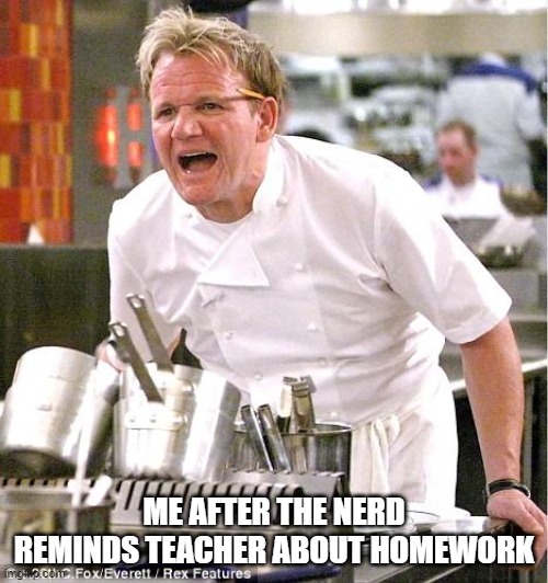 you frickin nerd | ME AFTER THE NERD REMINDS TEACHER ABOUT HOMEWORK | image tagged in memes,chef gordon ramsay | made w/ Imgflip meme maker