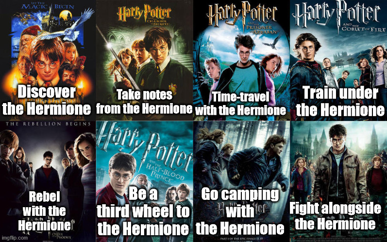 When people say Hermione didn't carry the entire franchise on her back... | Train under the Hermione; Take notes from the Hermione; Time-travel with the Hermione; Discover the Hermione; Fight alongside the Hermione; Rebel with the Hermione; Be a third wheel to the Hermione; Go camping with the Hermione | image tagged in harry potter,hermione granger,what are memes | made w/ Imgflip meme maker