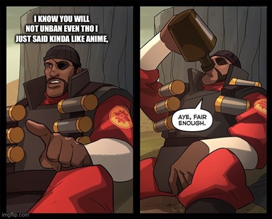 Demo man unban | I KNOW YOU WILL NOT UNBAN EVEN THO I JUST SAID KINDA LIKE ANIME, | image tagged in aye fair enough,demoman | made w/ Imgflip meme maker