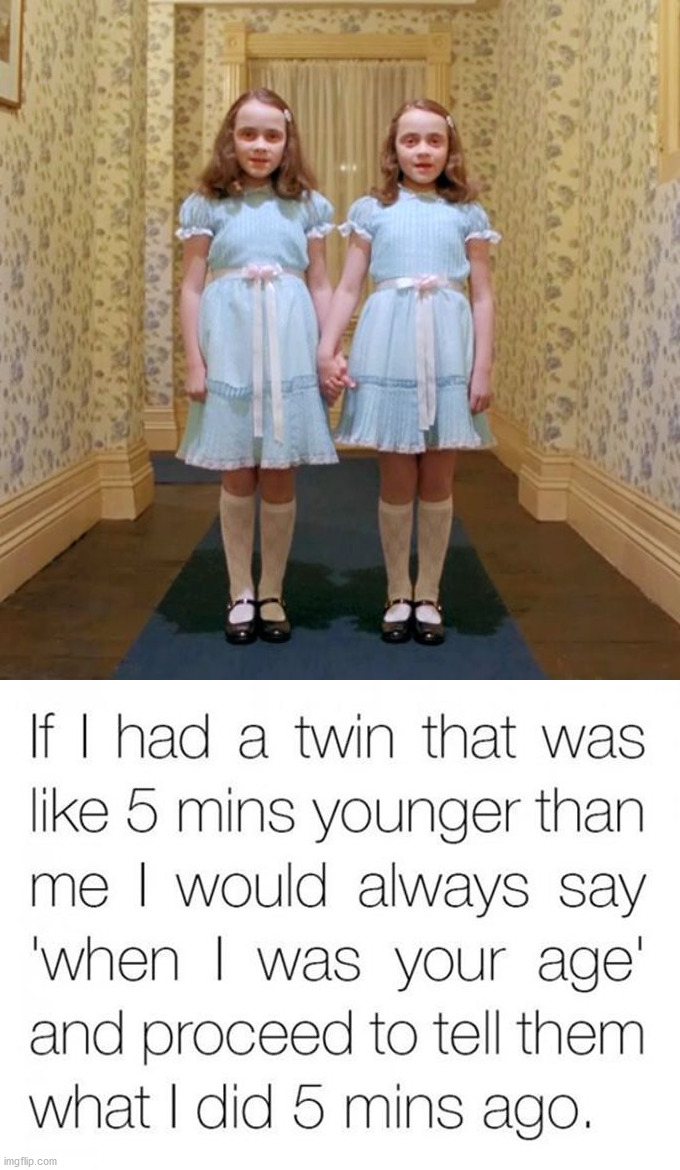 This would be so fun. | image tagged in twins from the shining,old age,pepperidge farm remembers | made w/ Imgflip meme maker