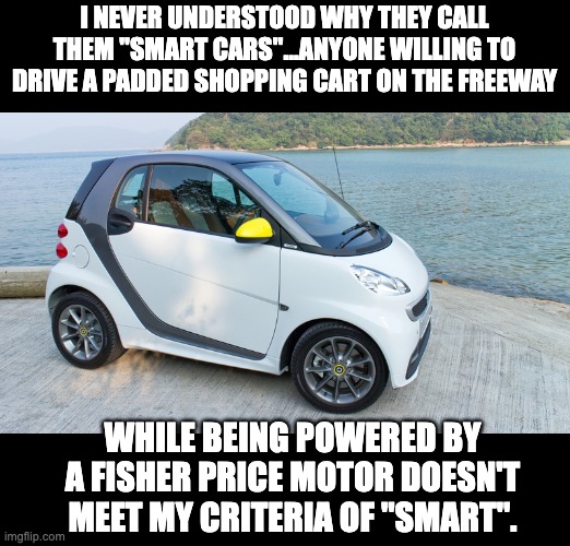 Smart? | I NEVER UNDERSTOOD WHY THEY CALL THEM "SMART CARS"...ANYONE WILLING TO DRIVE A PADDED SHOPPING CART ON THE FREEWAY; WHILE BEING POWERED BY A FISHER PRICE MOTOR DOESN'T MEET MY CRITERIA OF "SMART". | image tagged in smart car | made w/ Imgflip meme maker