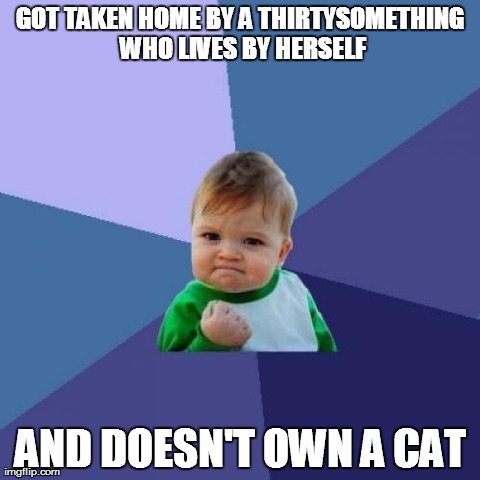 Success Kid | GOT TAKEN HOME BY A THIRTYSOMETHING WHO LIVES BY HERSELF AND DOESN'T OWN A CAT | image tagged in memes,success kid,AdviceAnimals | made w/ Imgflip meme maker