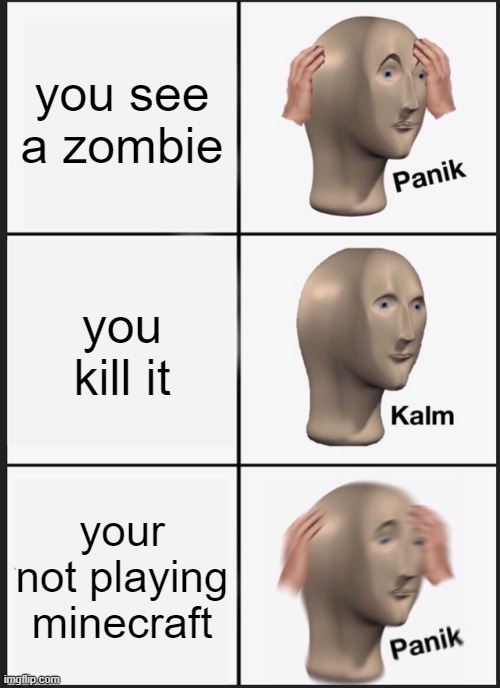 Panik Kalm Panik | you see a zombie; you kill it; your not playing minecraft | image tagged in memes,panik kalm panik | made w/ Imgflip meme maker