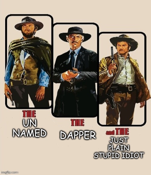 Welcome to the stream! | DAPPER; UN NAMED; JUST PLAIN STUPID IDIOT | image tagged in the good the bad and the ugly | made w/ Imgflip meme maker