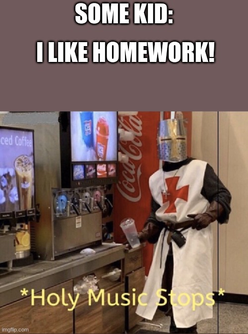 The-Magi-Qsessft Knows Who it is. | SOME KID:; I LIKE HOMEWORK! | image tagged in holy music stops | made w/ Imgflip meme maker