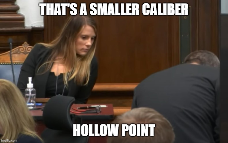 Rittenhouse Trial Ballistics Expert | THAT'S A SMALLER CALIBER; HOLLOW POINT | image tagged in funny,meme,politics,legal | made w/ Imgflip meme maker
