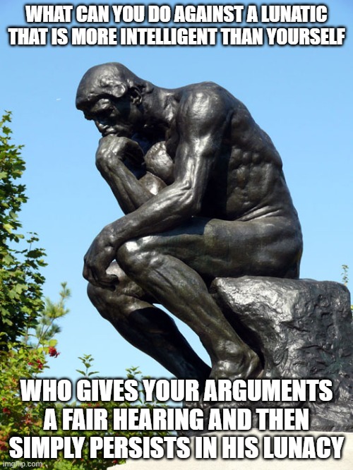 The Thinker | WHAT CAN YOU DO AGAINST A LUNATIC THAT IS MORE INTELLIGENT THAN YOURSELF; WHO GIVES YOUR ARGUMENTS A FAIR HEARING AND THEN SIMPLY PERSISTS IN HIS LUNACY | image tagged in the thinker | made w/ Imgflip meme maker