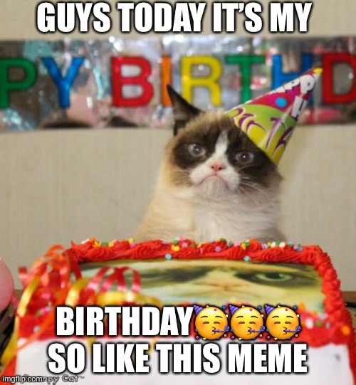 Bday | GUYS TODAY IT’S MY; BIRTHDAY🥳🥳🥳
SO LIKE THIS MEME | image tagged in memes,grumpy cat birthday,grumpy cat | made w/ Imgflip meme maker