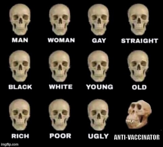 Do u r have stoop | ANTI-VACCINATORS | image tagged in idiot skull,memes,anti vax,do you are have stupid,kool aid man,barney will eat all of your delectable biscuits | made w/ Imgflip meme maker