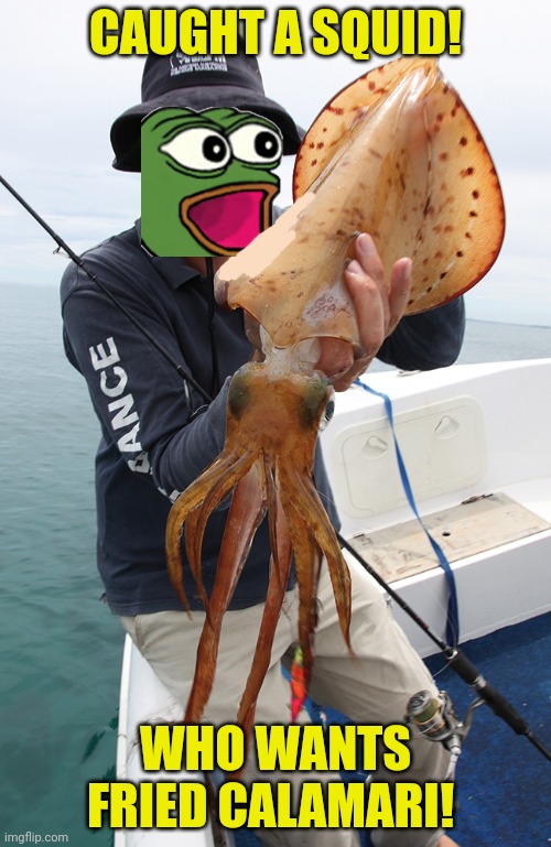 Fishing | CAUGHT A SQUID! WHO WANTS FRIED CALAMARI! | image tagged in buy,my,squid | made w/ Imgflip meme maker