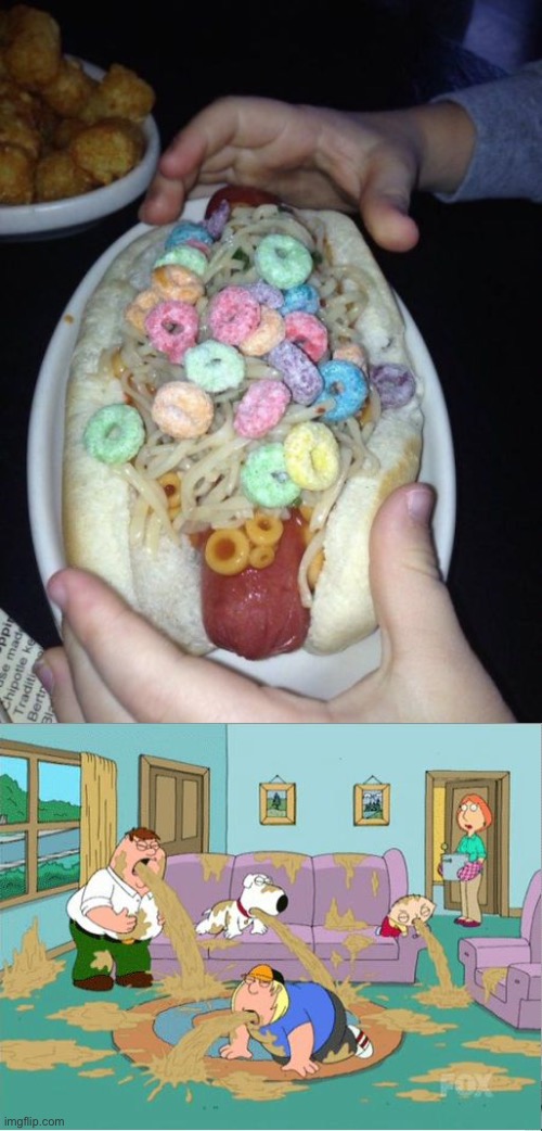 This hot dog looked weird but most disgusting food fail ever seen | image tagged in family guy puke,memes,fails,hot dog,gross,wtf | made w/ Imgflip meme maker