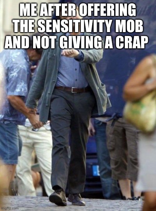 Dicaprio walking | ME AFTER OFFERING THE SENSITIVITY MOB AND NOT GIVING A CRAP | image tagged in dicaprio walking | made w/ Imgflip meme maker