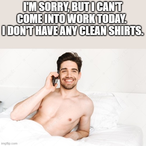Why I Can't Come Into Work Today | I'M SORRY, BUT I CAN'T COME INTO WORK TODAY.  I DON'T HAVE ANY CLEAN SHIRTS. | image tagged in work,calling in sick,shirtless,hot,sexy,funny | made w/ Imgflip meme maker