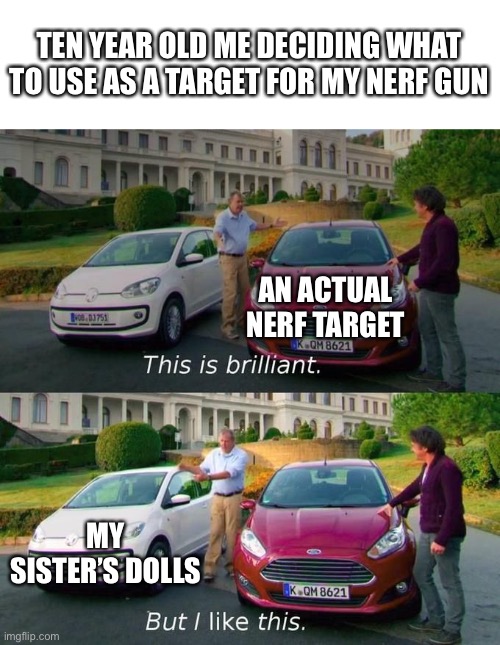 Pew-Pew | TEN YEAR OLD ME DECIDING WHAT TO USE AS A TARGET FOR MY NERF GUN; AN ACTUAL NERF TARGET; MY SISTER’S DOLLS | image tagged in this is brilliant but i like this,nerf,memes | made w/ Imgflip meme maker