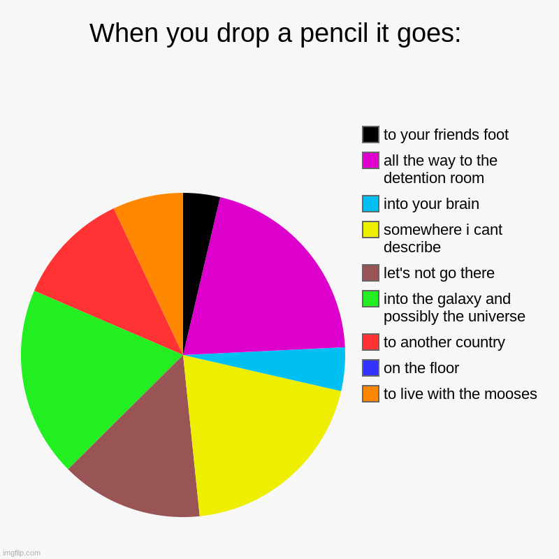 When you drop a pencil it goes: | to live with the mooses, on the floor, to another country, into the galaxy and possibly the universe, let' | image tagged in charts,pie charts | made w/ Imgflip chart maker