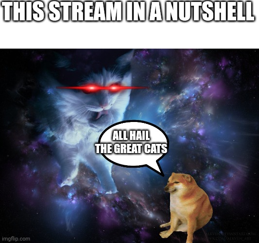 Cat God | THIS STREAM IN A NUTSHELL; ALL HAIL THE GREAT CATS | image tagged in cat god | made w/ Imgflip meme maker