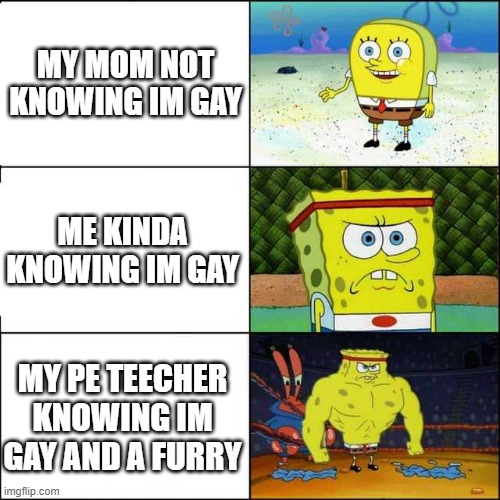 :| | MY MOM NOT KNOWING IM GAY; ME KINDA KNOWING IM GAY; MY PE TEECHER KNOWING IM GAY AND A FURRY | image tagged in spongebob strong | made w/ Imgflip meme maker