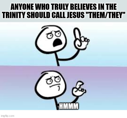 Technically correct | ANYONE WHO TRULY BELIEVES IN THE TRINITY SHOULD CALL JESUS "THEM/THEY"; HMMM | image tagged in holding up finger,dank,christian,memes,r/dankchristianmemes | made w/ Imgflip meme maker