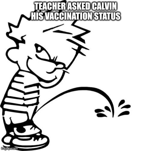 calvin vaccination staus | TEACHER ASKED CALVIN HIS VACCINATION STATUS | image tagged in calvin peeing | made w/ Imgflip meme maker