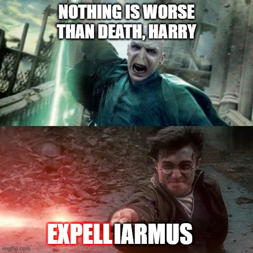 This is why Harry Potter won against Voldemort | NOTHING IS WORSE THAN DEATH, HARRY; IARMUS; EXPELL | image tagged in harry potter meme | made w/ Imgflip meme maker