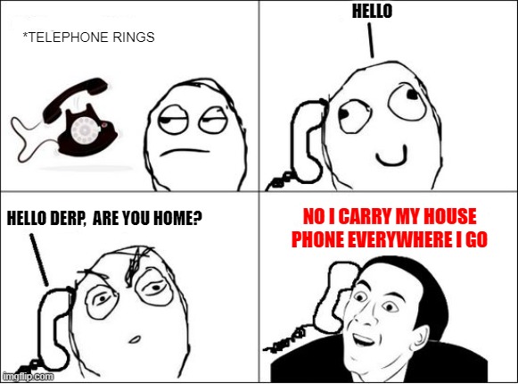 You don't say? | HELLO; *TELEPHONE RINGS; HELLO DERP,  ARE YOU HOME? NO I CARRY MY HOUSE PHONE EVERYWHERE I GO | image tagged in ring ring,hello there,brace yourselves x is coming,tostitos,rainbow,oh wow doughnuts | made w/ Imgflip meme maker