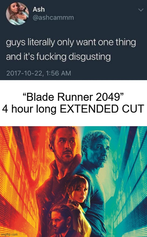 Long awaited EXTENDED CUT of the century | “Blade Runner 2049” 4 hour long EXTENDED CUT | image tagged in guys only want one thing,blade runner 2049 poster,blade runner,extended cut,memes,twitter | made w/ Imgflip meme maker