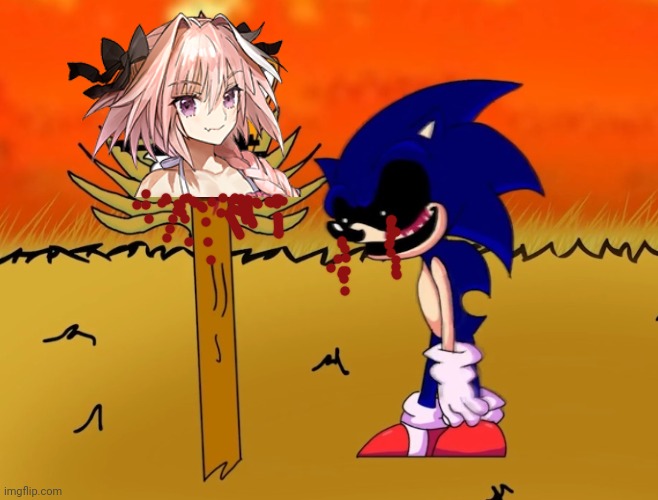 Sonic.exe sacrifices Astolfo | image tagged in sonic exe looking at tails head,astolfo,sonicexe,murder | made w/ Imgflip meme maker
